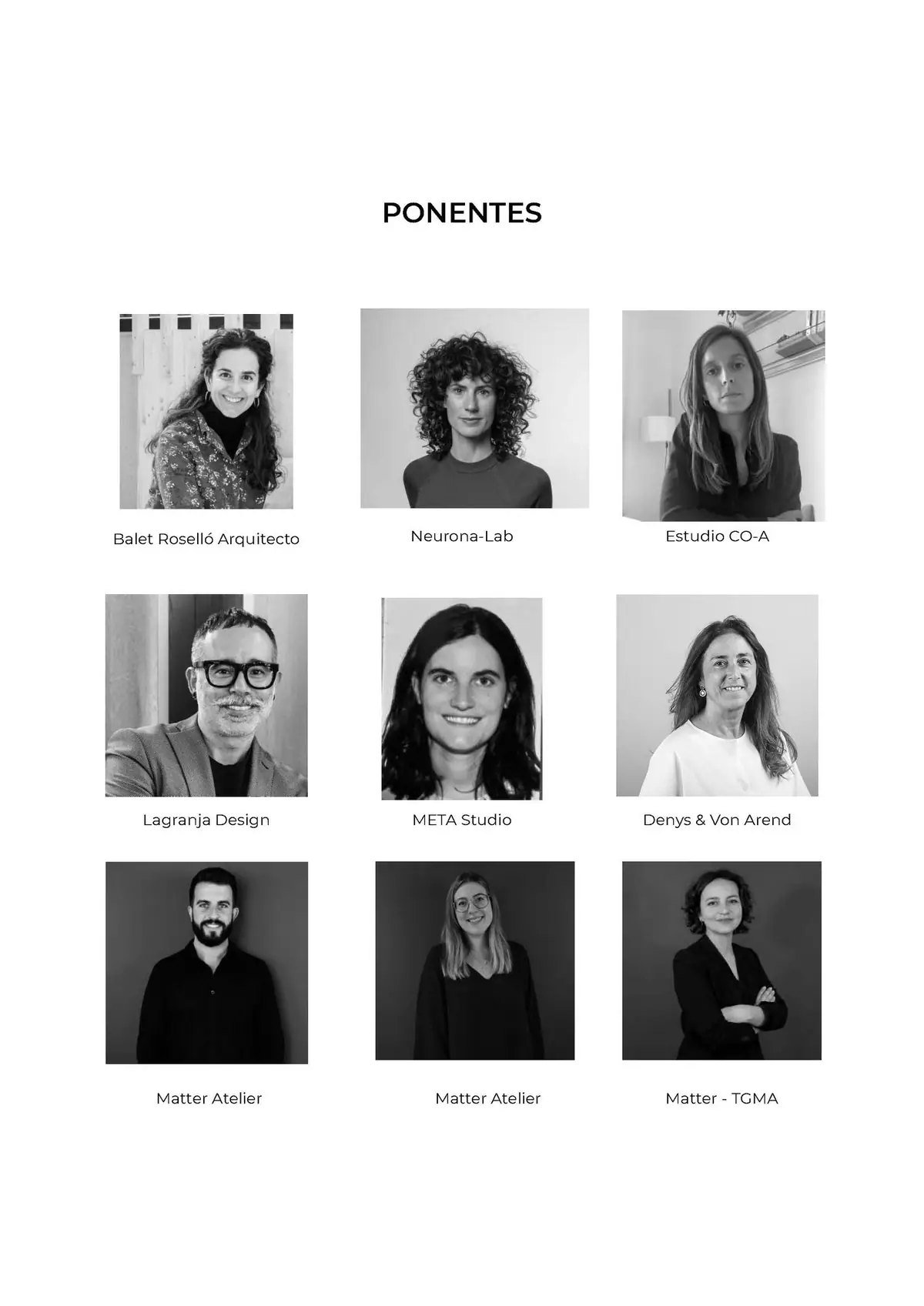 Black-and-white portraits of the nine speakers with the names of their studios