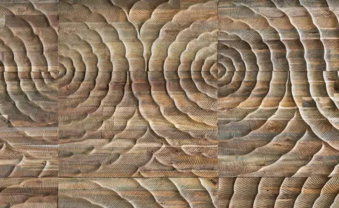 Carved wooden panels with concentric reliefs reminiscent of waves