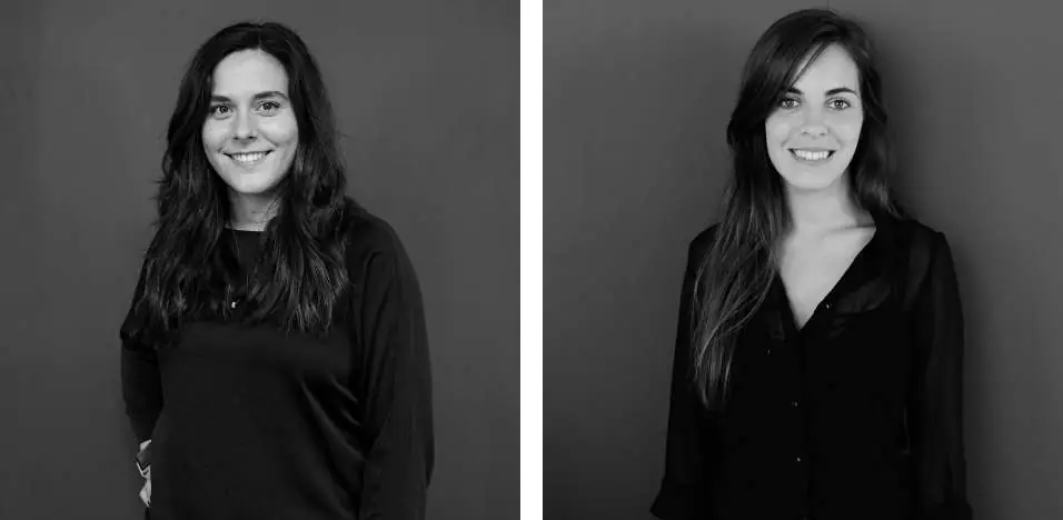 Black-and-white portraits of Iris Fuentes and Carmen Maestu