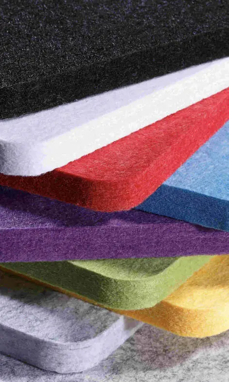 Stacked PET felt panels in black, white, red, blue, violet, green and yellow