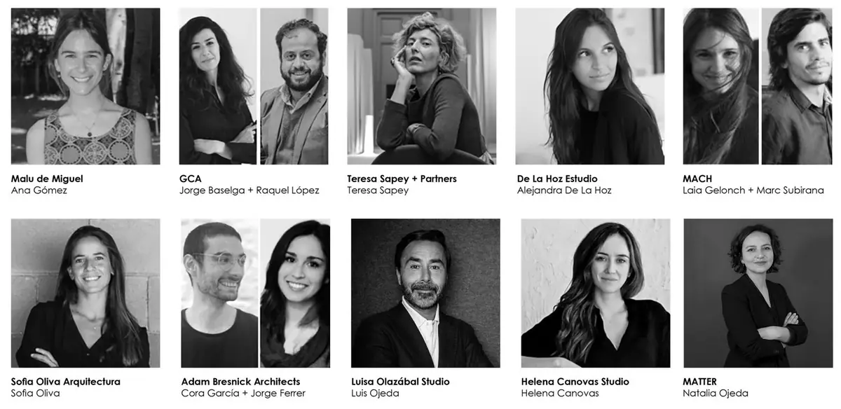 Black and white portraits of the day’s speakers with the names of their studios