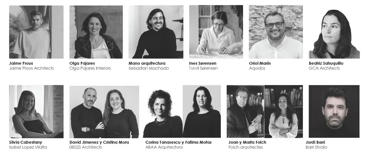 Retratos en blanco y negro de los catorce ponentes con el nombre de su estudio