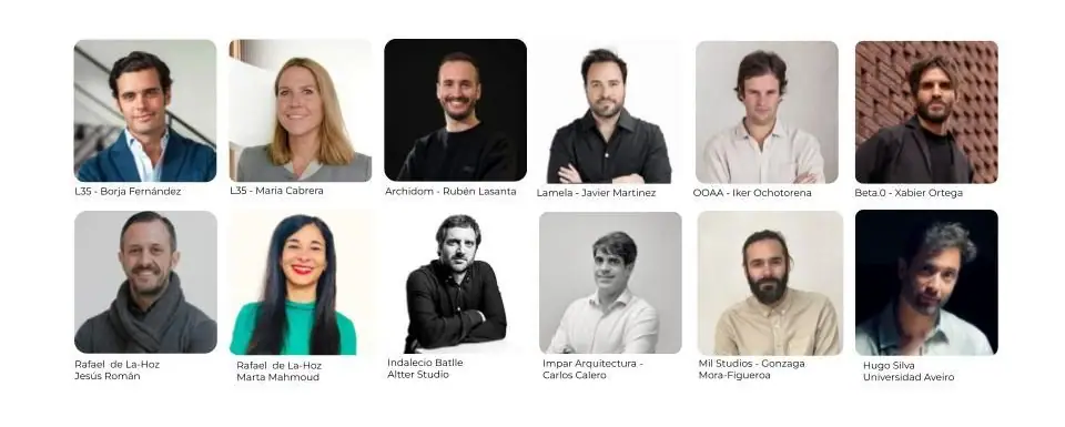 Portraits of the twelve speakers at the event with the name of their studio