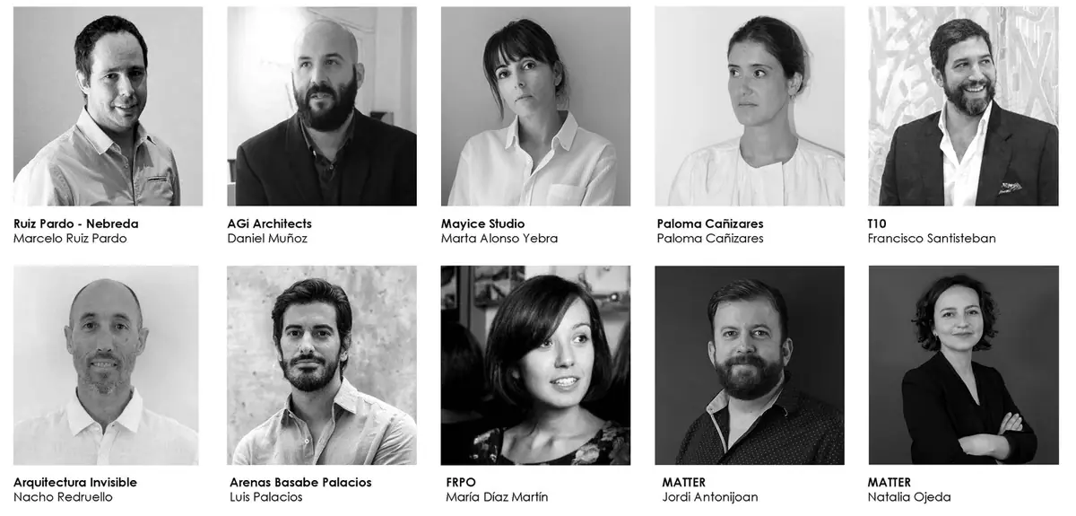 Black-and-white portraits of the eight speakers and the two Matter representatives, with the name of their studio