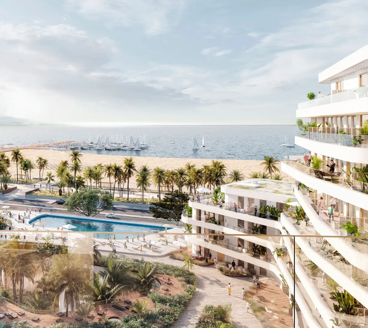 Render of stepped residential buildings with terraces, gardens and a pool facing a beach with palm trees