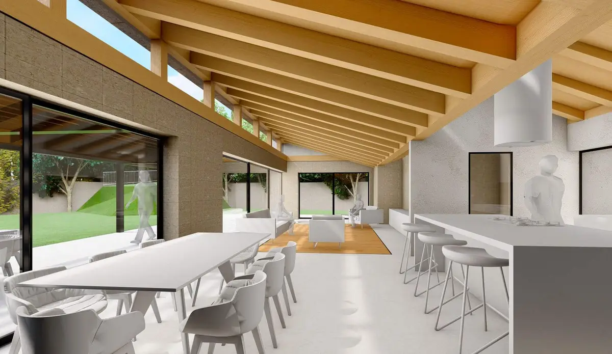 Render of a living-dining room beneath a pitched roof of timber beams, opening onto a garden