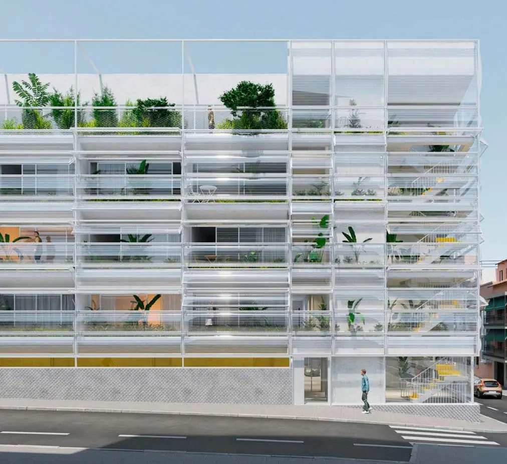 Render of a housing block with a façade of terraces and white slats covered in plants