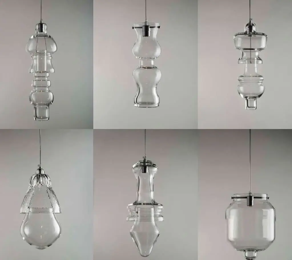 Six clear blown-glass pendant lamps in different shapes