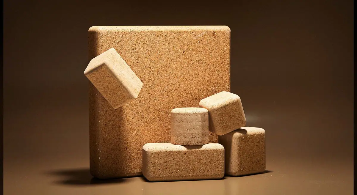 Rice husk board blocks and pieces with rounded edges on a brown background
