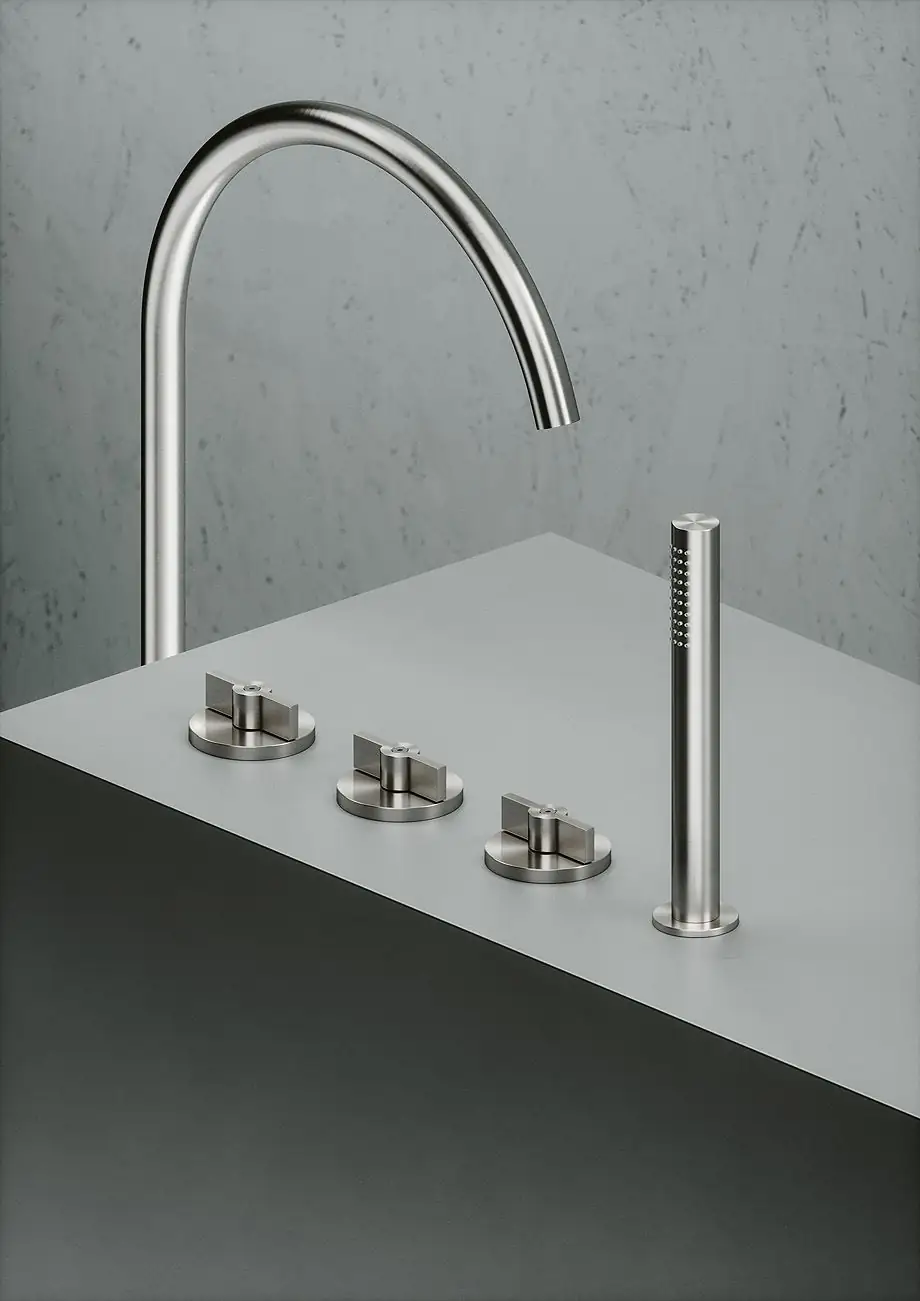 Steel bath-rim tap with a tall curved spout, three handles and hand shower