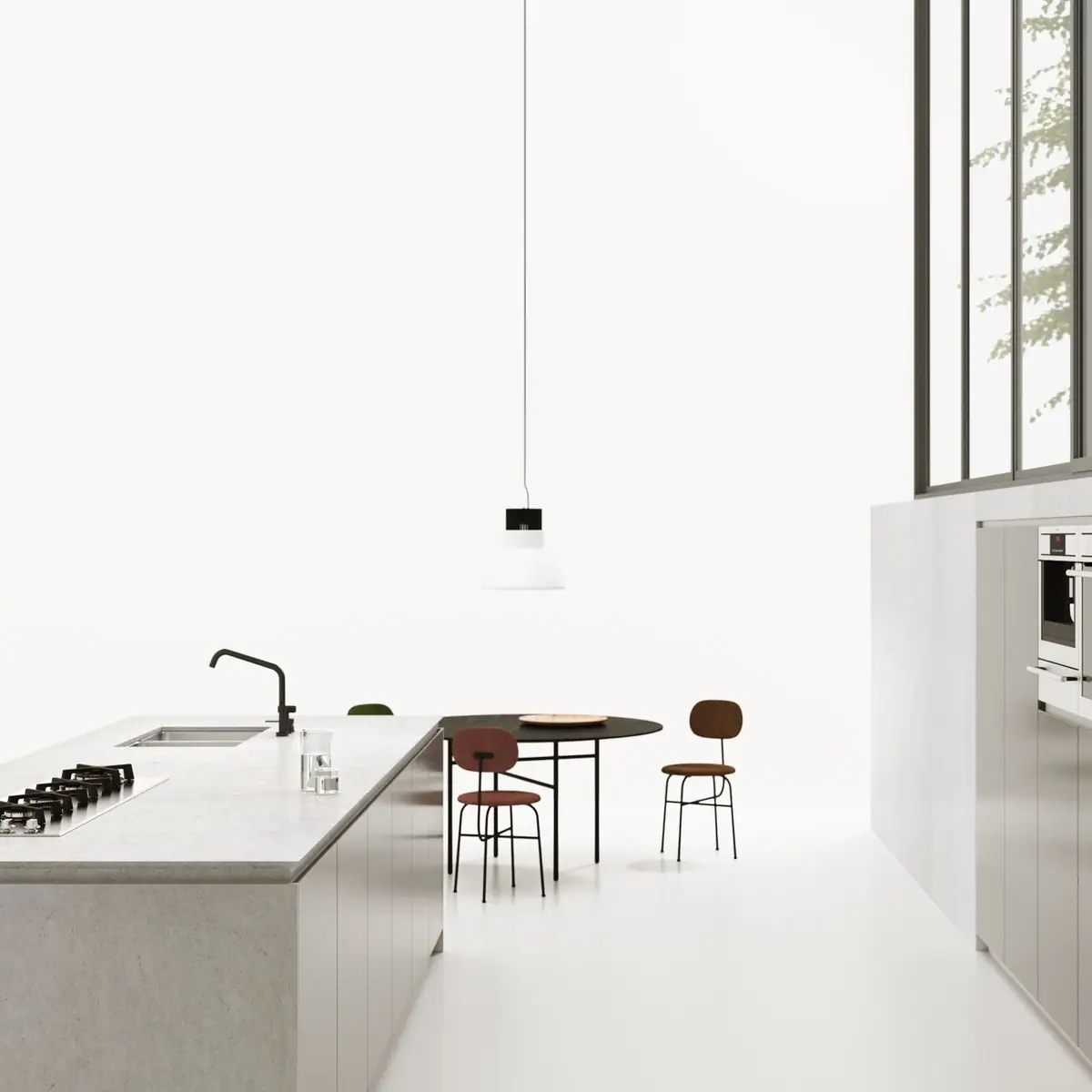 Kitchen with an island in pale grey Obsidiana Pearl, a black table and chairs, in a white double-height space