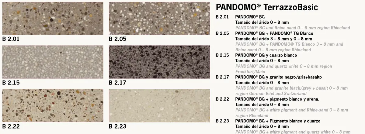 Carta de seis acabados de Pandomo TerrazzoBasic con áridos de distintos colores y sus referencias