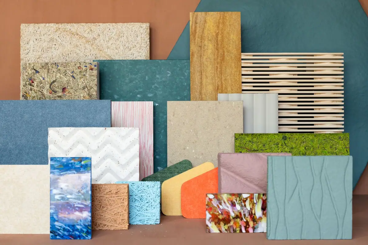 Collage of material samples in a variety of colours and textures: fibres, agglomerates, recycled plastics and panels