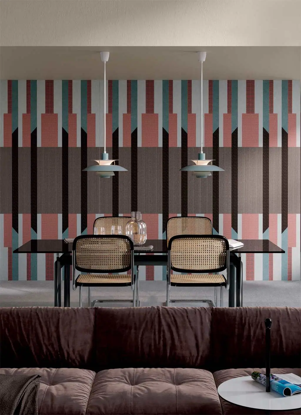 Dining room with a wall clad in slabs decorated with vertical stripes in pink, light blue, brown and black.