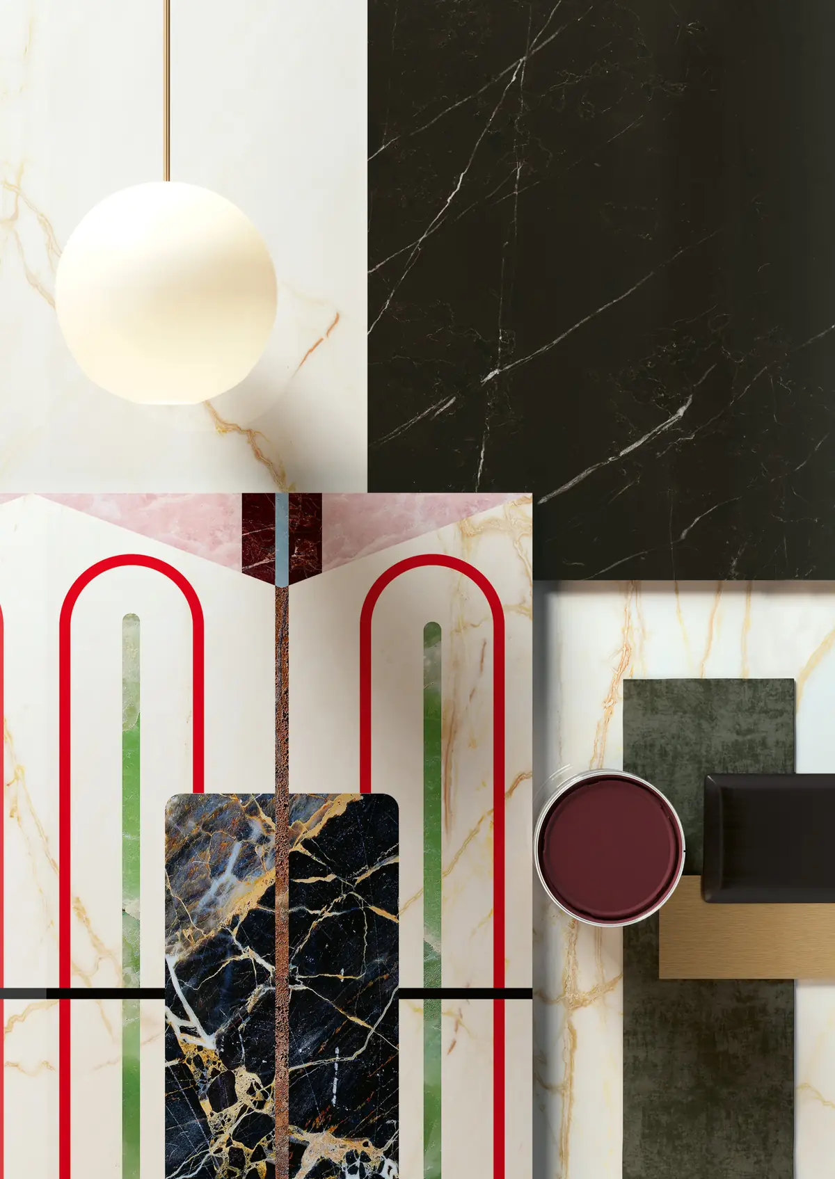 Material composition with white and black marble slabs, a slab decorated with red ovals, a globe lamp, green velvet and a pot of maroon paint.