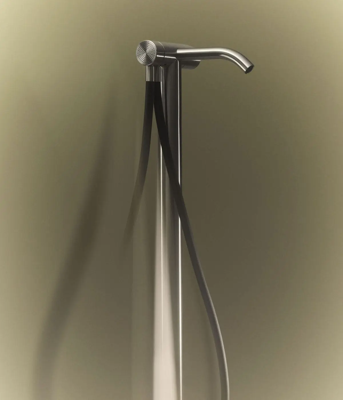 Mezclador exento HUM para bañera, de acero cepillado, con ducha de mano y flexo negro