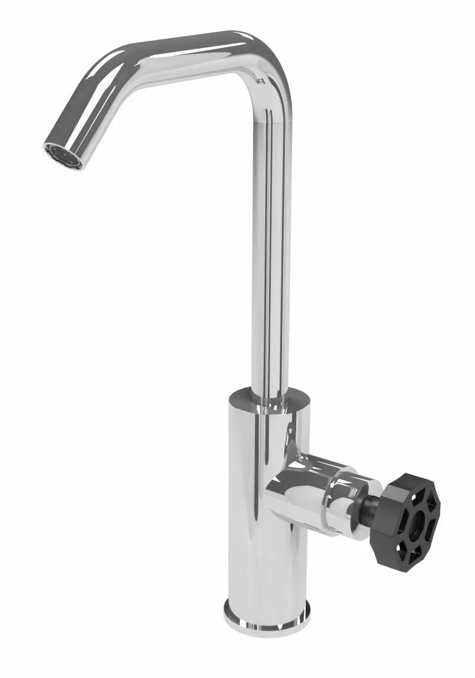 Grifo de lavabo cromado de un solo mando con volante negro octogonal y caño de codos rectos con salida inclinada