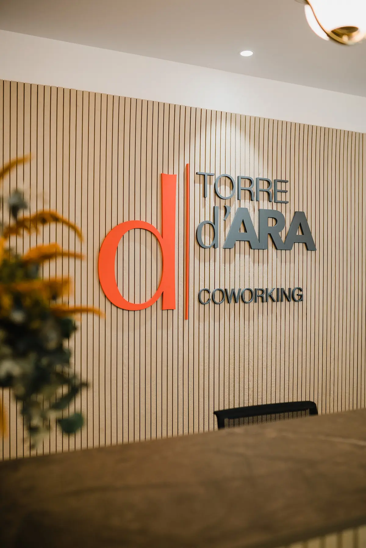 Reception desk in front of a wall of beige-toned slats bearing the Torre d’Ara Coworking sign.