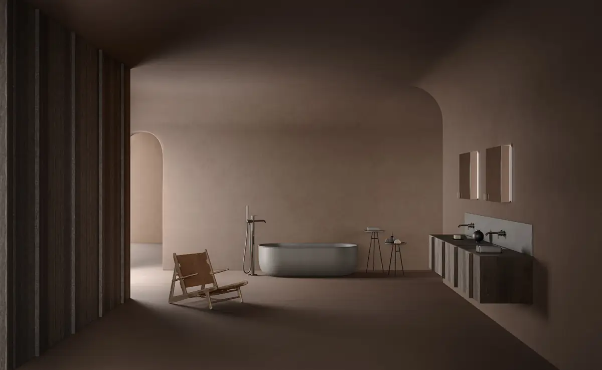 Spacious bathroom with a wall-hung Paral composition in wood, a dark top and two backlit mirrors; in the background, a freestanding bathtub.