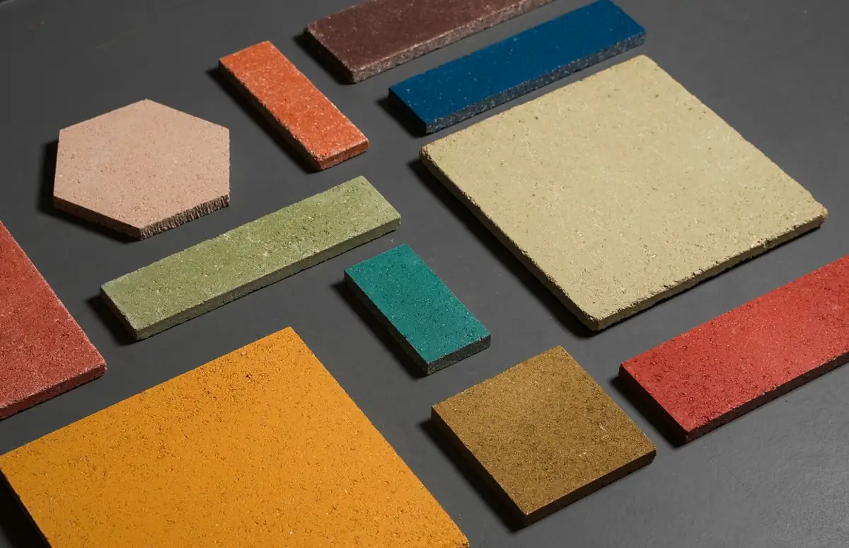 Compacted stone pieces in different formats and colours on a grey background