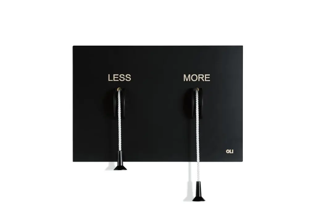 Rectangular black plate with the words LESS and MORE and two white cords of different lengths finished with black pulls