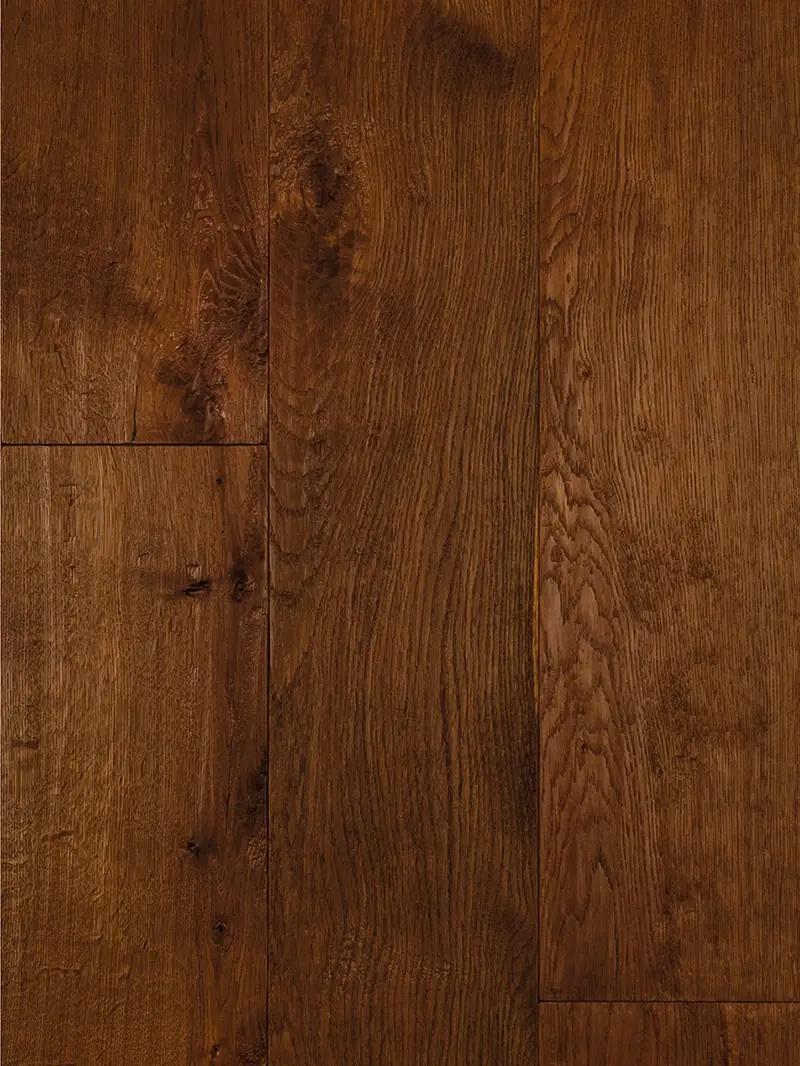 Sample of heat-treated oak boards in a deep reddish brown