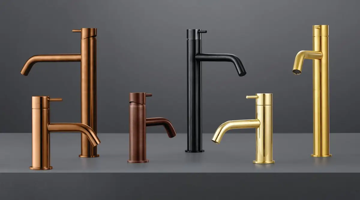 Six basin taps with curved spouts, low and tall, in copper, black and gold tones.