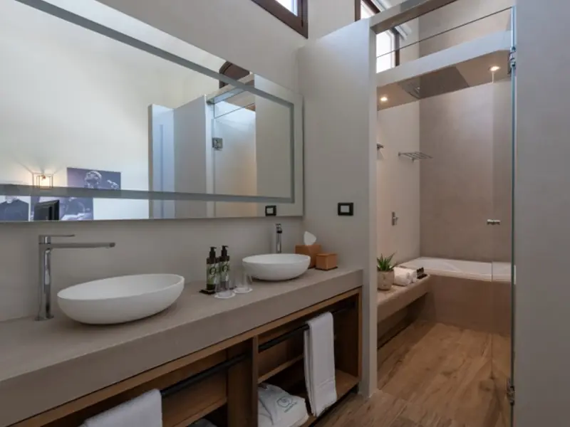 Hotel bathroom with two white oval washbasins on a light worktop with an open timber vanity unit and a large mirror