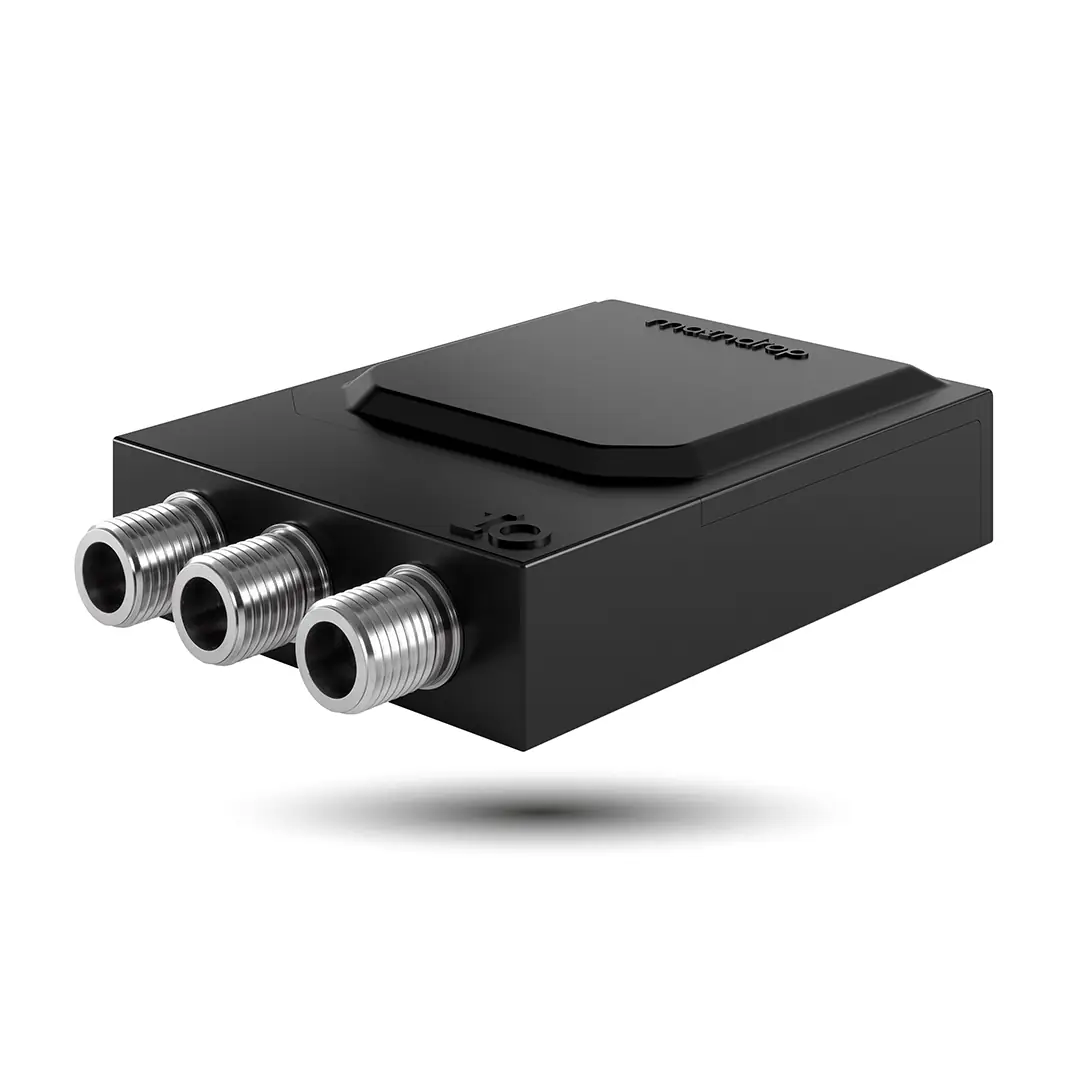 Black module with three threaded steel connections on a white background