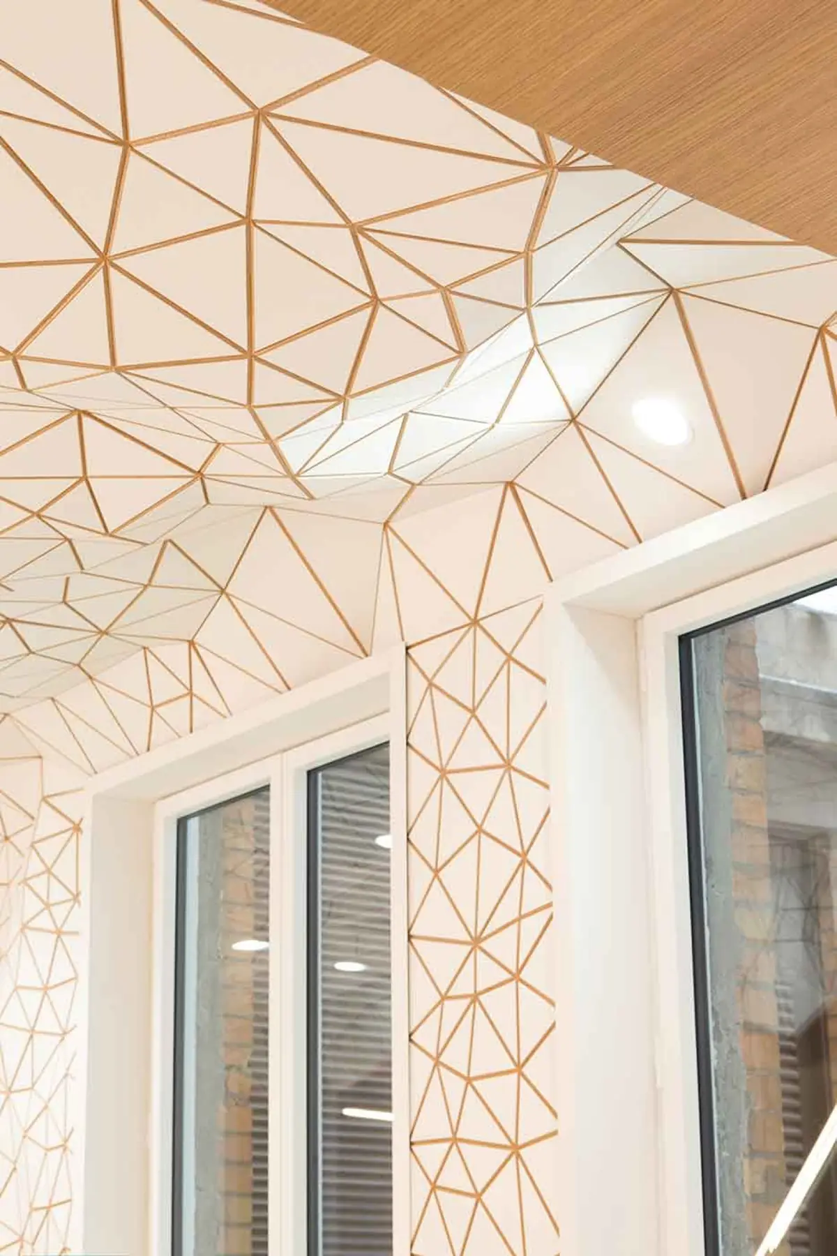 The white tessellated mesh surrounds two windows and continues across the ceiling to a timber surface.