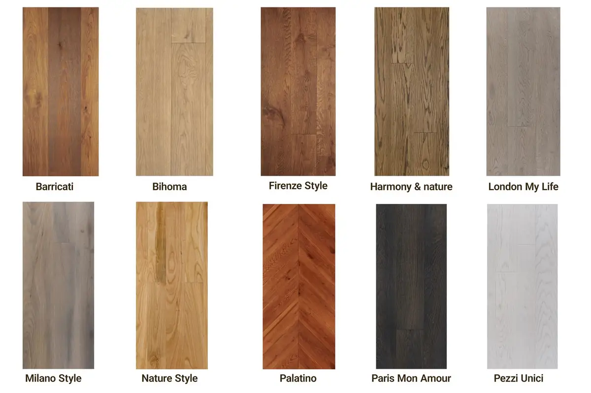 Ten Mardegan Legno floor samples labelled with their collection names.
