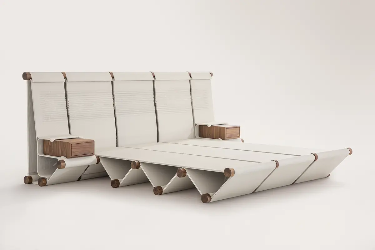 Cama modular impresa en 3D con cabecero de lamas, mesillas de madera y uniones de nogal, fotografiada en estudio.