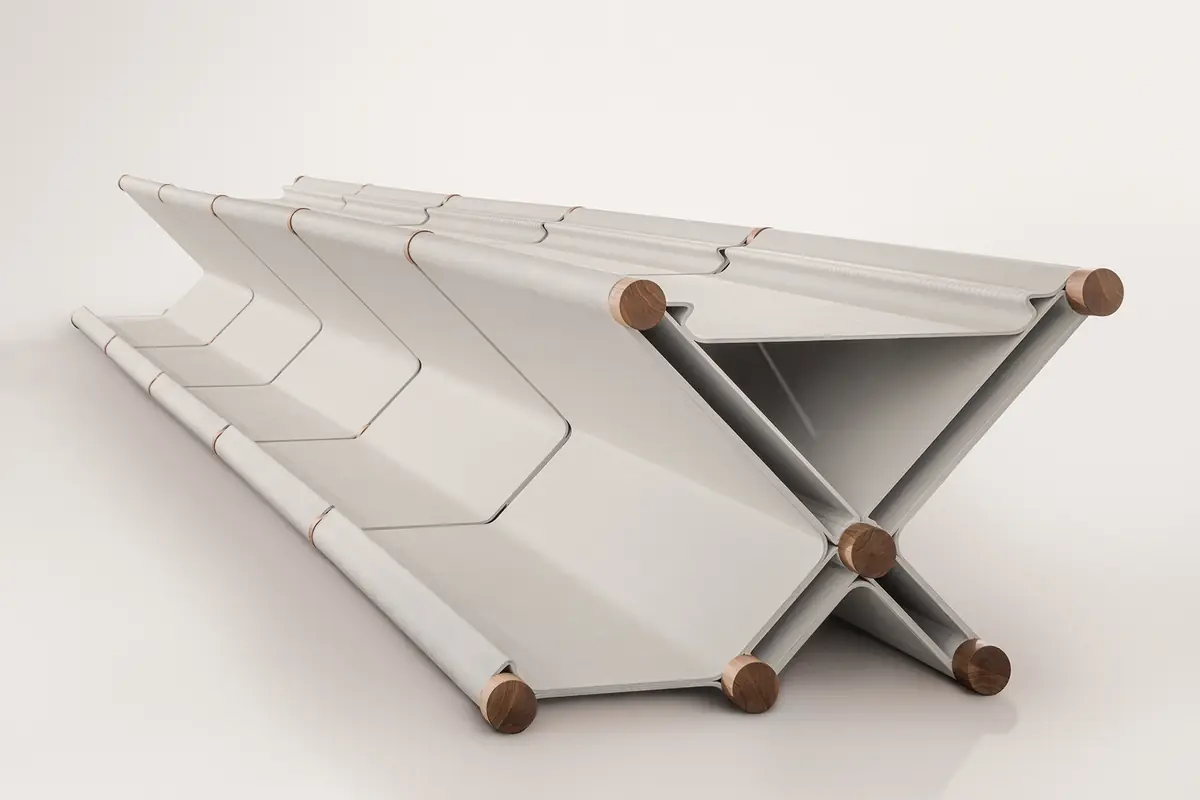 Mesa expositora impresa en 3D con patas cruzadas y conectores de madera, fotografiada en estudio.