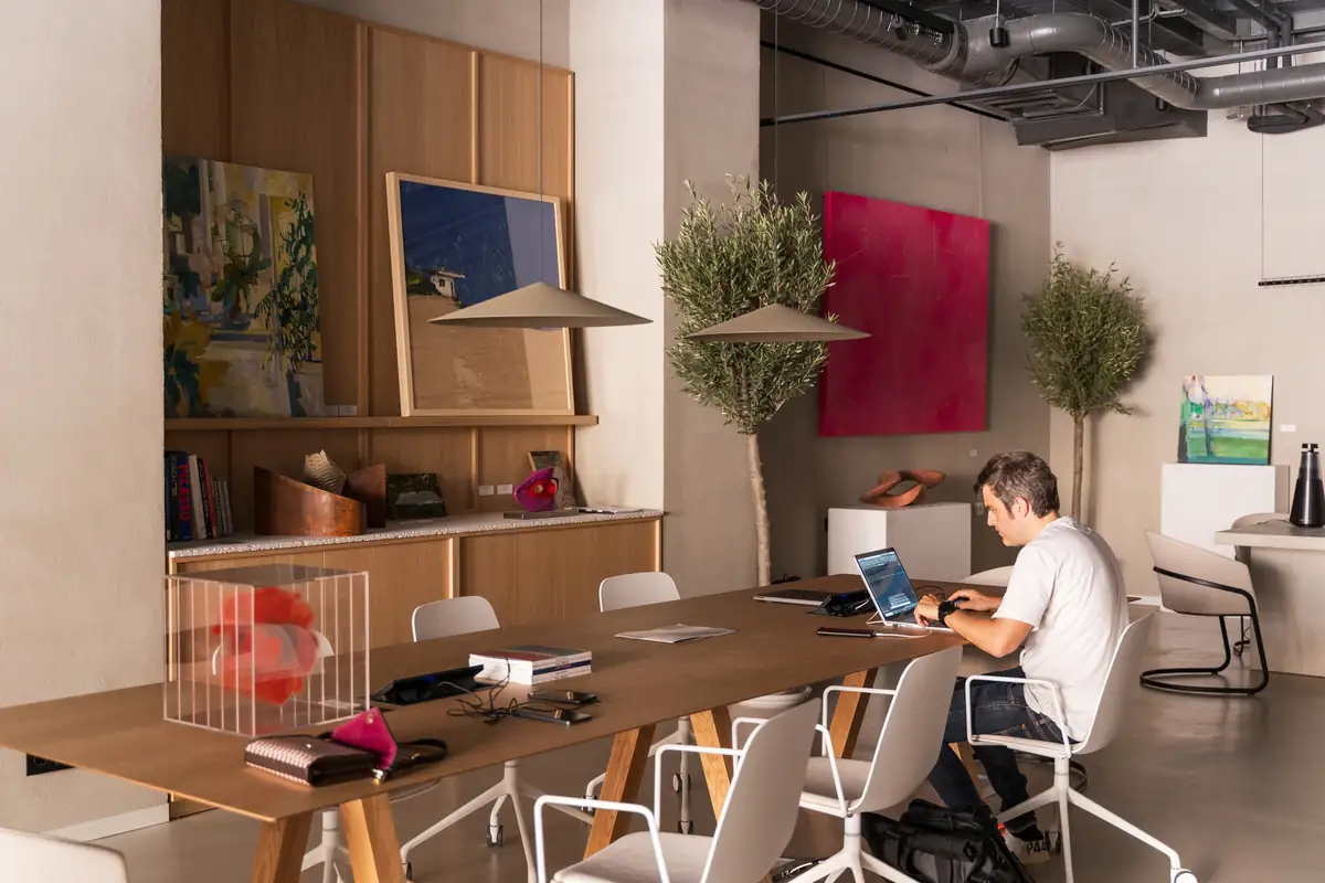 A person works on a laptop at a large wooden table next to potted olive trees