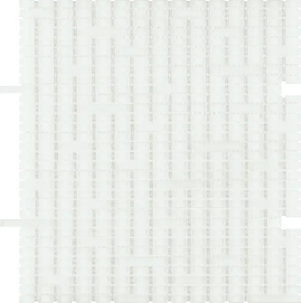 Sheet of Mist Snow mosaic, in white, with rectangular tesserae in three lengths and the toothed edges that interlock with the adjacent sheet.