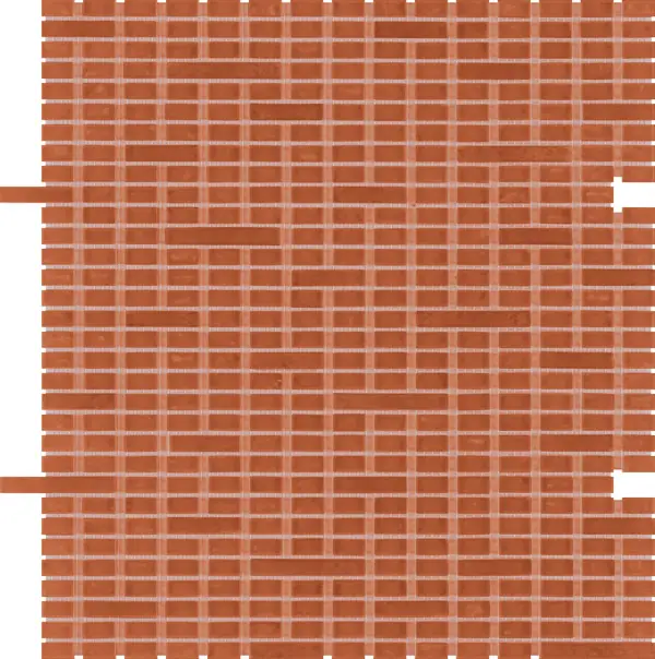 Sheet of Mist Paprika mosaic, in orange-red, with rectangular tesserae in three lengths and pale joints.
