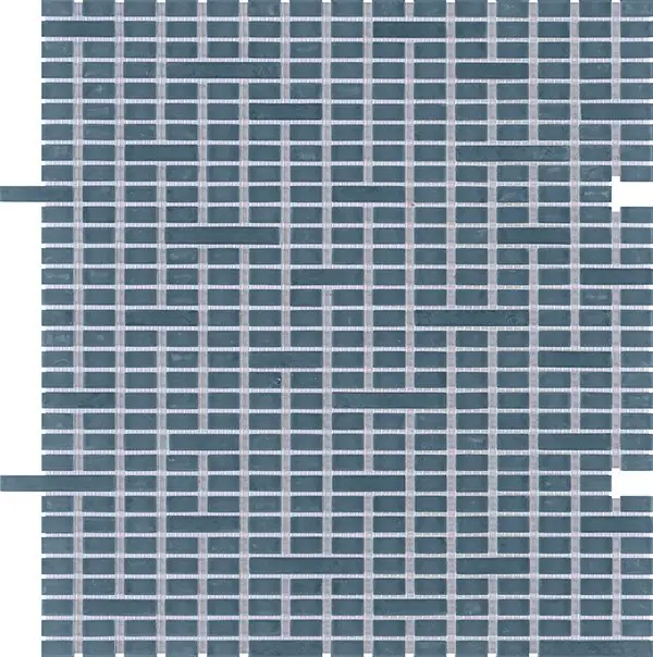 Sheet of Mist Avio mosaic, in greyish blue, with rectangular tesserae in three lengths and pale joints.