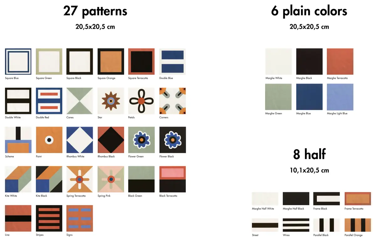 Sample board with the collection's 27 graphic tiles, 6 plain colours and 8 pieces measuring 10.1 by 20.5 centimetres