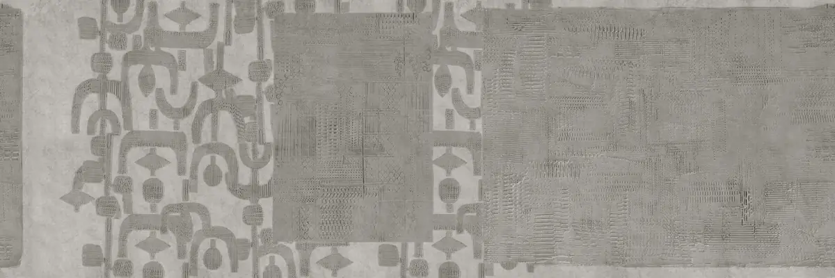 Wallcovering design in greys with geometric figures in relief and panels with a plaster texture