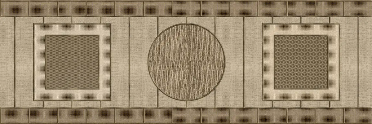 Wallcovering design in sand tones with woven squares and a central circle framed by battens