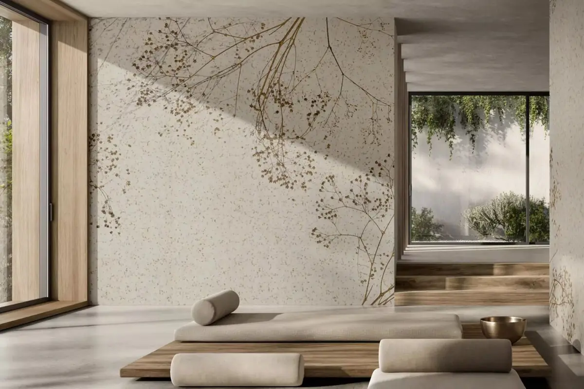 Room opening onto the garden with a wall covered in fine branches and wild flowers on a mineral-textured background