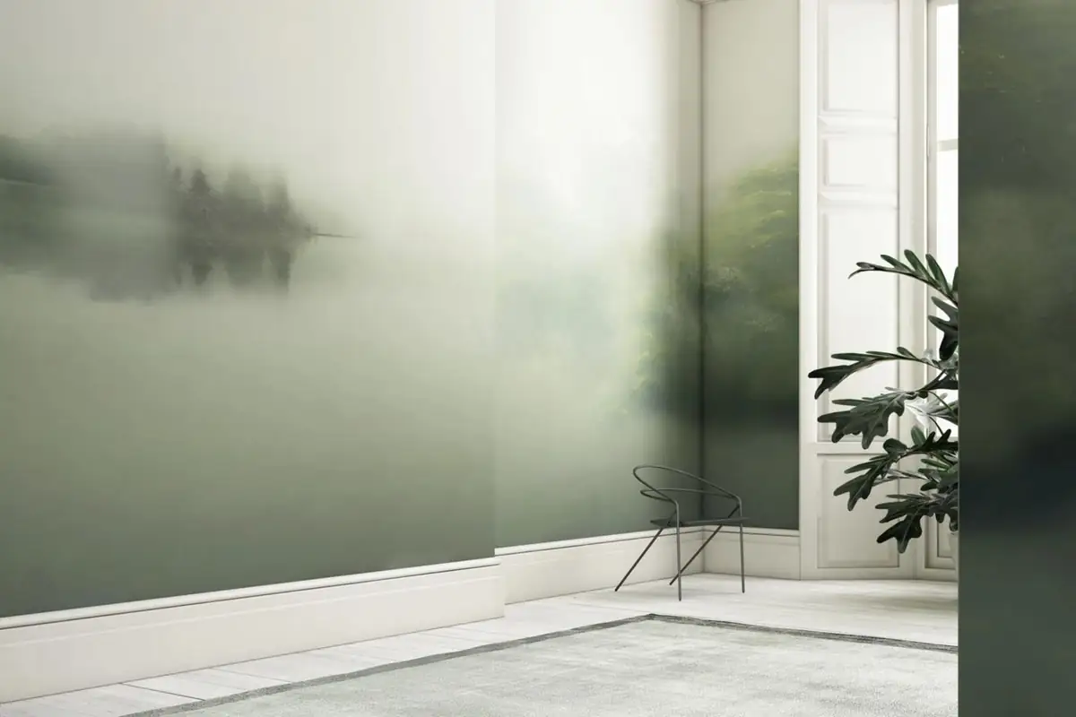 Room with large windows and a wall showing a lake in the mist in green tones