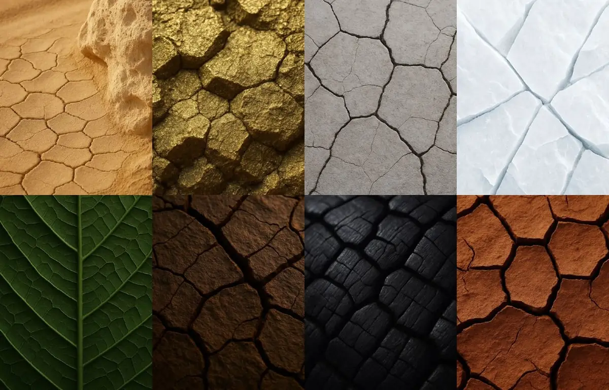 Mosaico de ocho texturas naturales: arena, tierra agrietada, piedra, hielo, hoja, corteza y roca