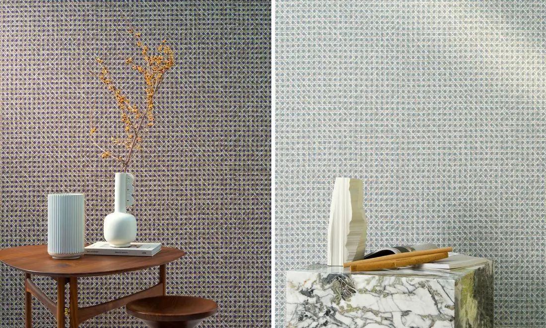 Two walls with wallpaper imitating woven rattan, one on a dark background and one on a light background