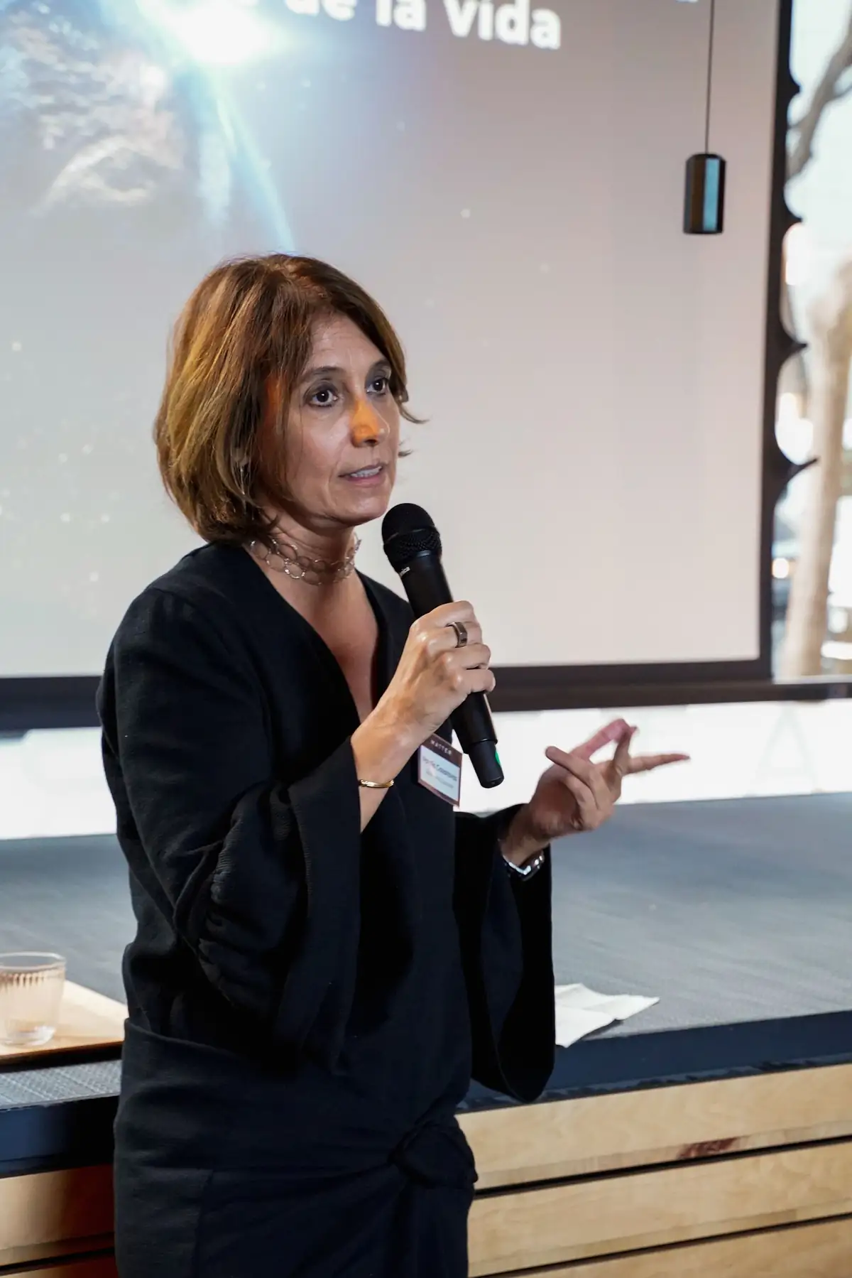 Speaker dressed in black talking into a microphone in front of the screen
