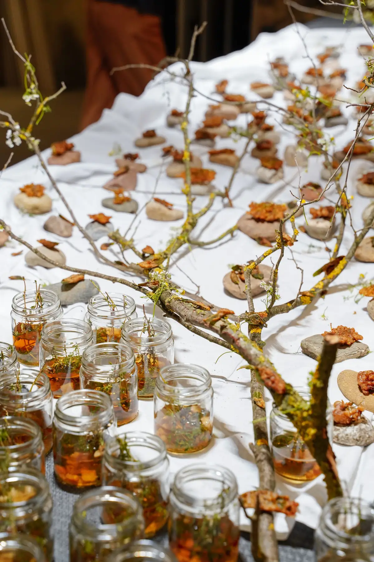 Eco-Picnic table with glass jars, dried branches and bites served on stones