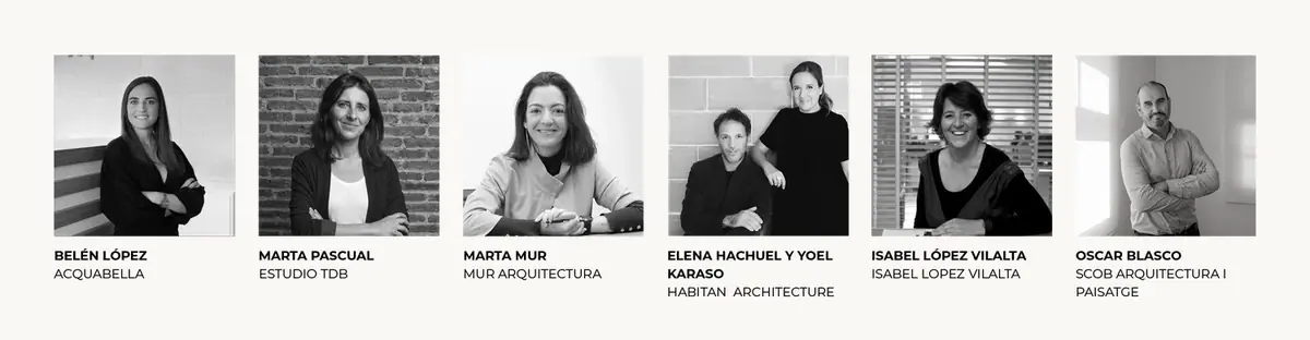 Retratos en blanco y negro de los siete ponentes con el nombre de su empresa o estudio