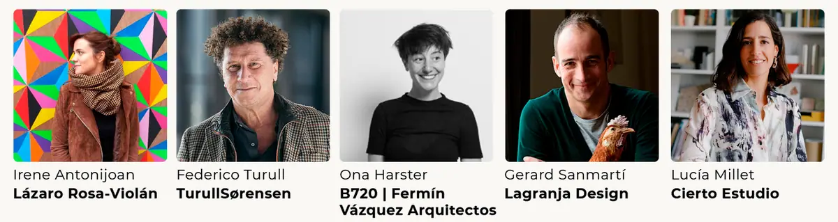 Portraits of Irene Antonijoan, Federico Turull, Ona Harster, Gerard Sanmartí and Lucía Millet with the name of their studio