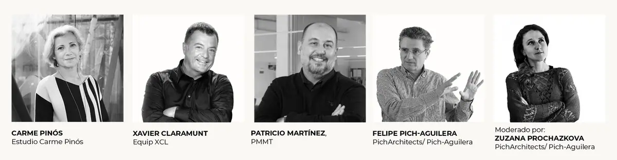 Black-and-white portraits of the four speakers and the moderator, with the names of their studios