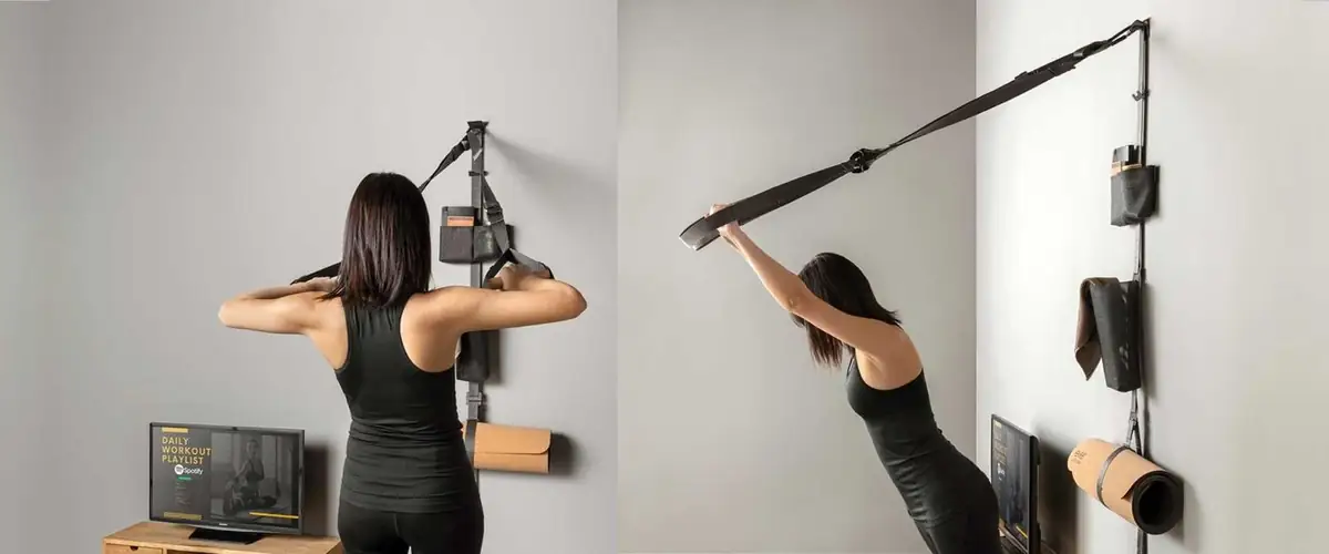 Two images of a woman working out with TAPE FIT suspension straps fixed to the wall of a living room